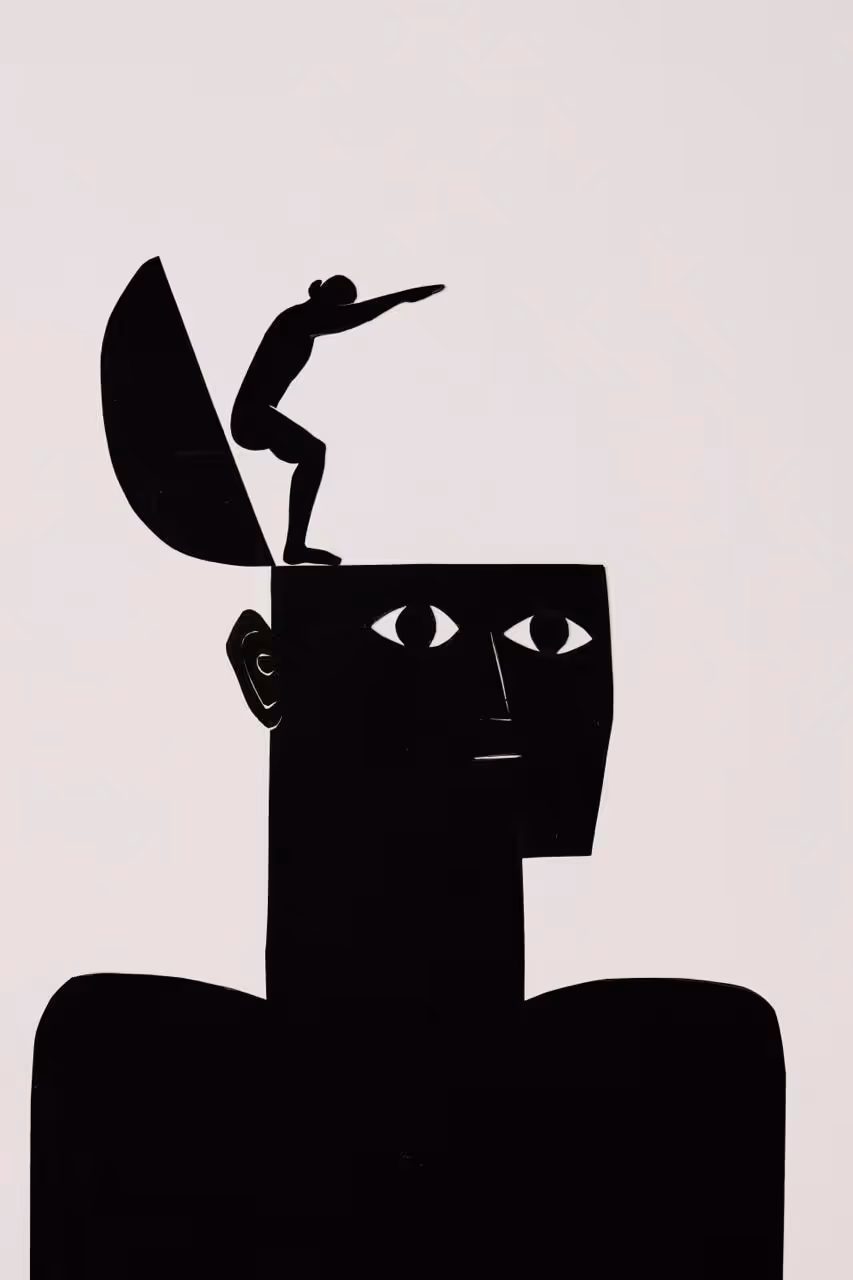A paper-cut illustration: a person’s head opens like a lid, with a figure standing on top, gazing into the distance.